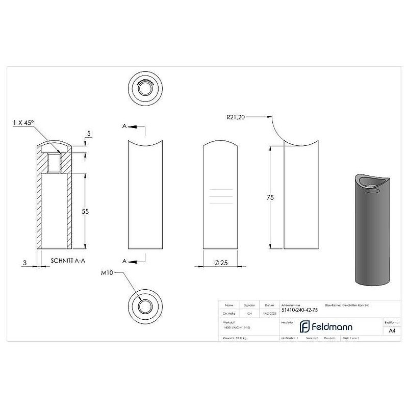 Wandhalter für Rohr 42,4mm, L: 75mm, V2A