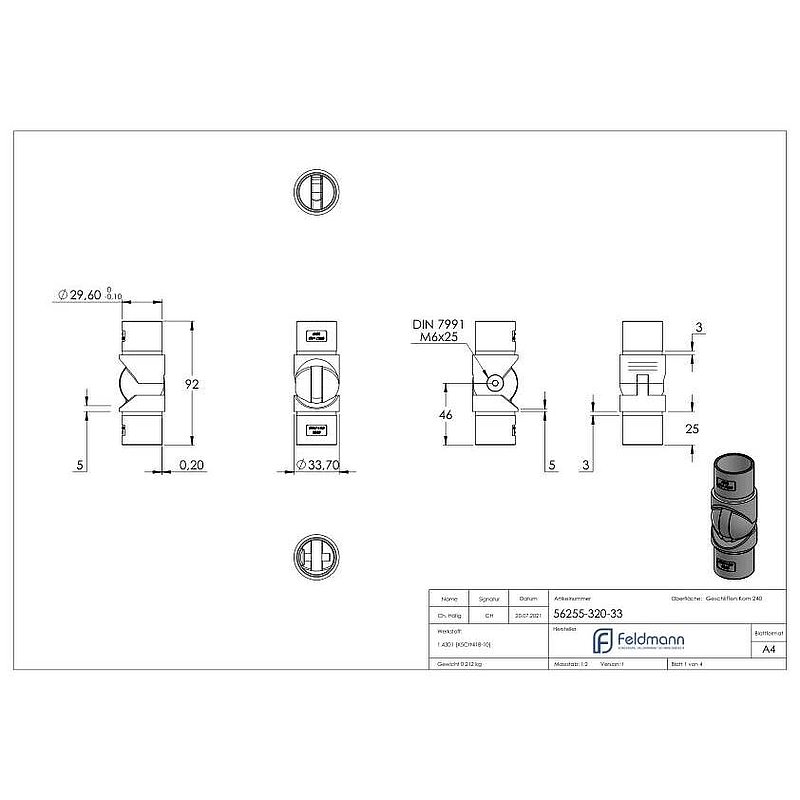 Hollow joint for cable, for tube 33.7x2.0mm, AISI304