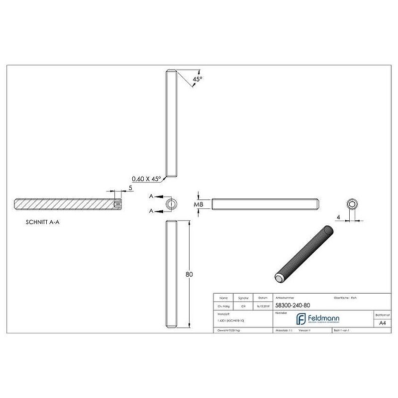 Gewindestift M8x80, V2A, DIN 913 / ISO 4026