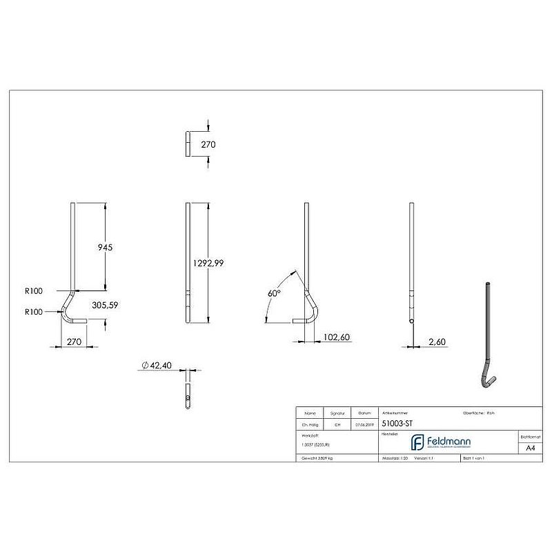 Pfosten gebogen aus Rundrohr 42,4 x 2,5mm, S235