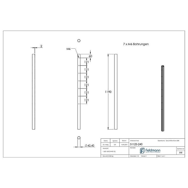 Edelstahlpfosten aus Rohr 42,4mmx2,0mm, V2A