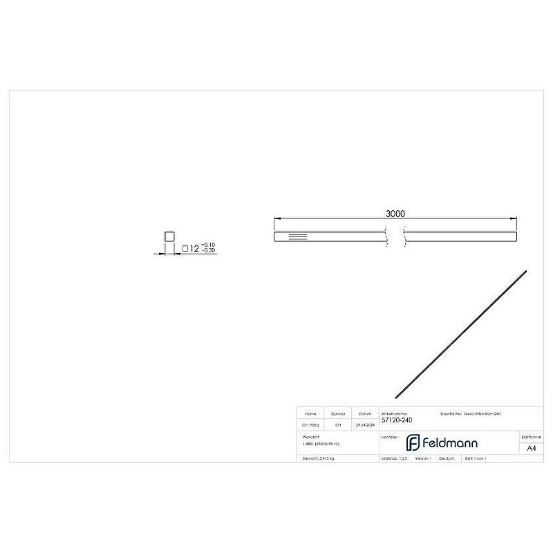 Square material 12x12mm, L: 3000mm, AISI304