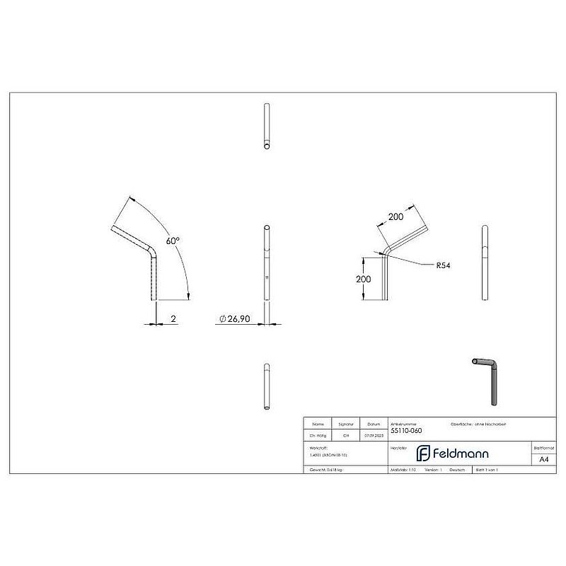 Rohrbogen 60°, aus Rohr 26,9x2,0mm, V2A