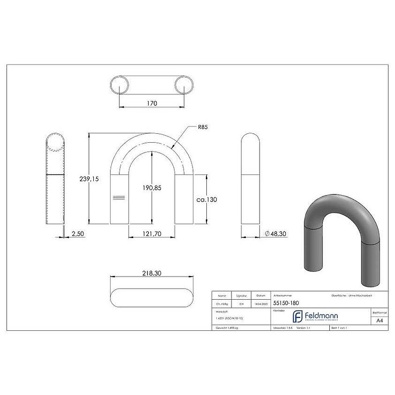 Tube coudé à 180°, en tube de Ø 48,3, ép. 2,5mm, V2A