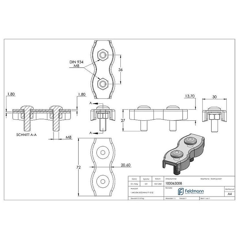 Serre-câble plat double pour câble 8mm, V4A