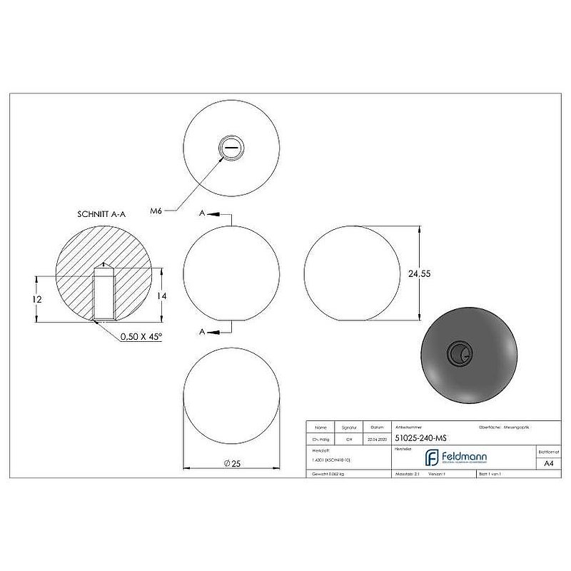 Boule laiton pleine Ø 25mm avec M6