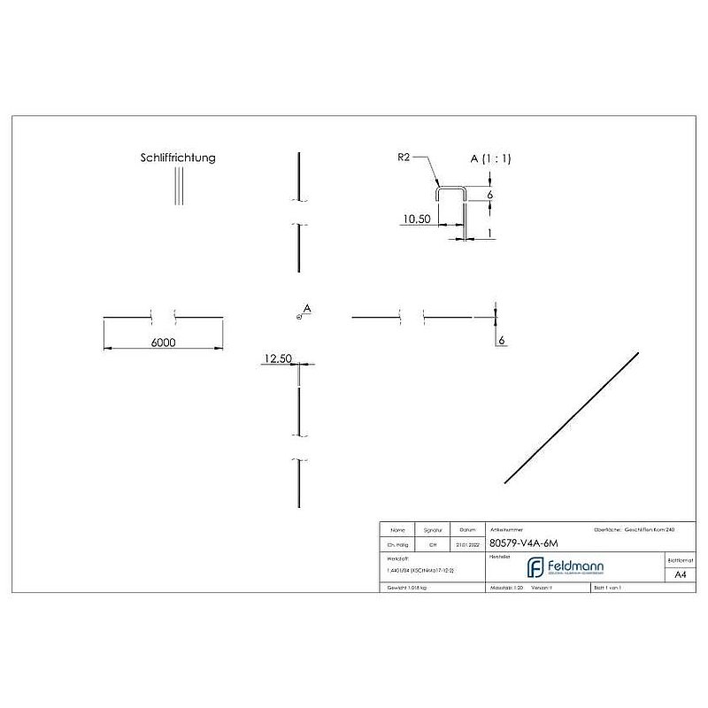 Main courante EXTRA SLIM, pour verre 8,00 - 9,52mm, L: 6000mm, acier inoxydable V4A