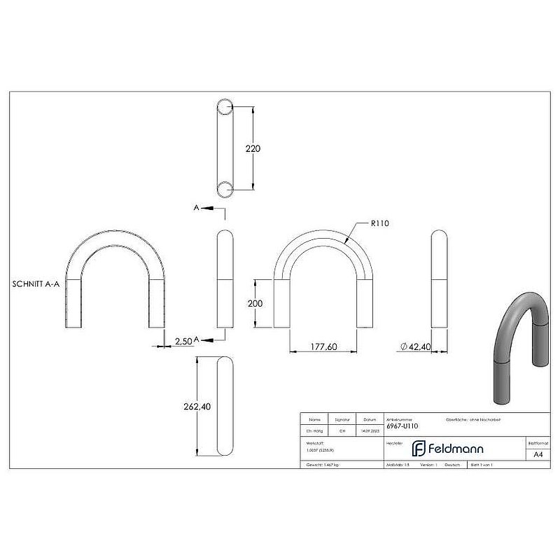 Tube acier cintré 180°, 42,4x2,5mm
