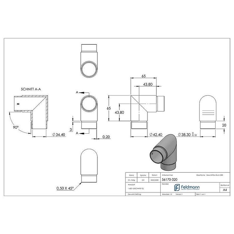 Eckstück 90°, für Rohr 42,4x2,0mm, V2A