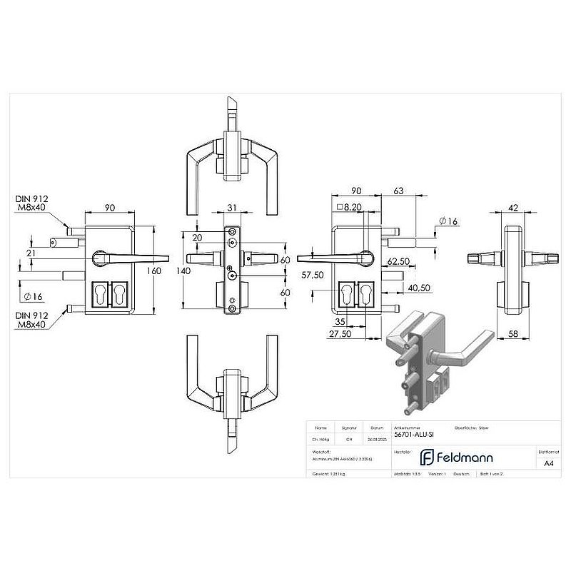 Serrure à grille GTS 2 avec double cylindre pour tube de 40-60mm d'épaisseur, boîtier argent