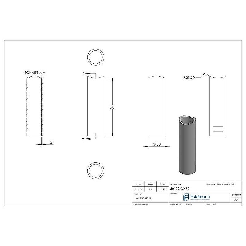 Spacer sleeve, L: 70mm, for 42.4mm, AISI304