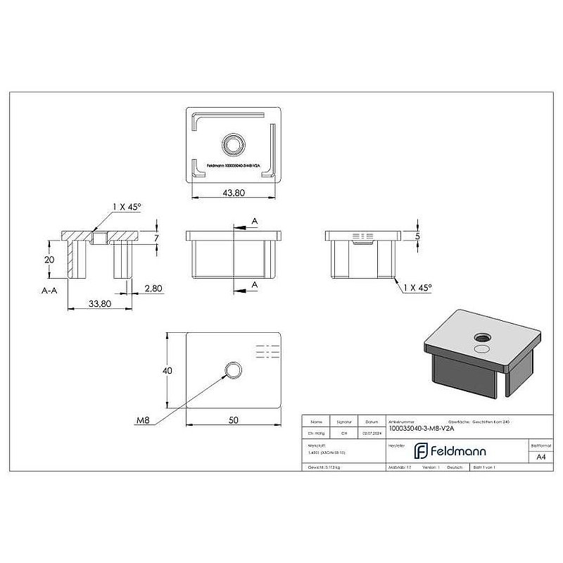 Push-in cap, for tube 50x40x3.0mm, AISI304