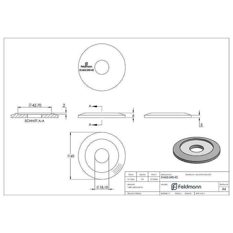 Adapterplatte Ø 60mm für Rohr 42,4 x 2,0-2,5mm, V2A