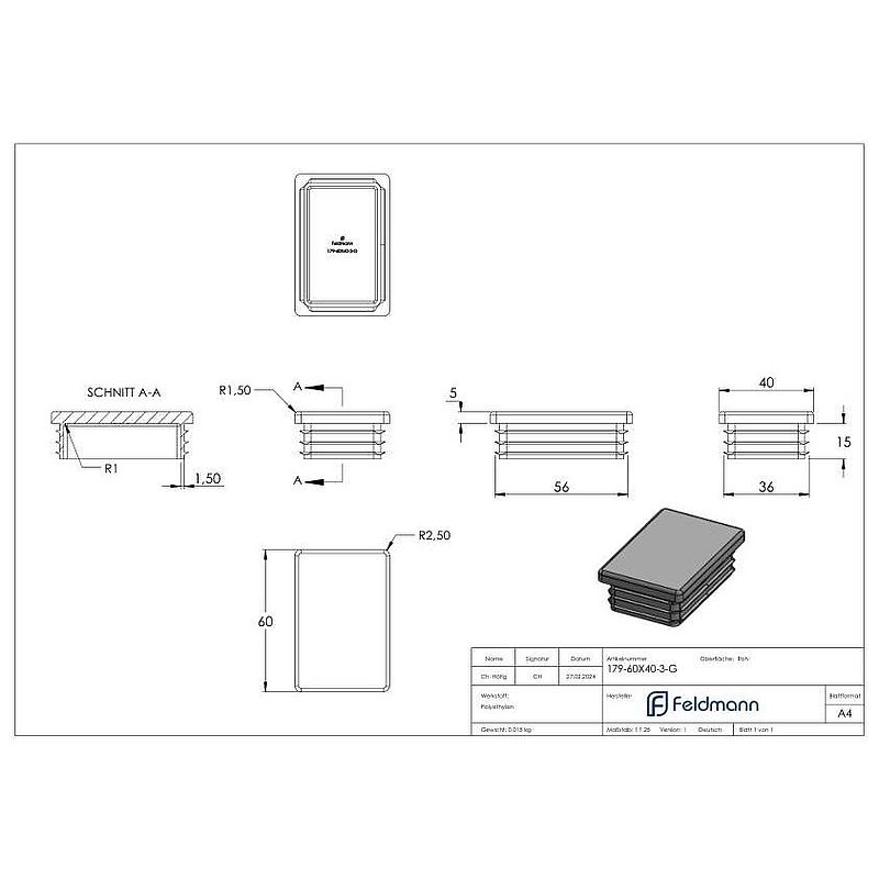 Kunststoffkappe für Rechteckrohr 60x40mm