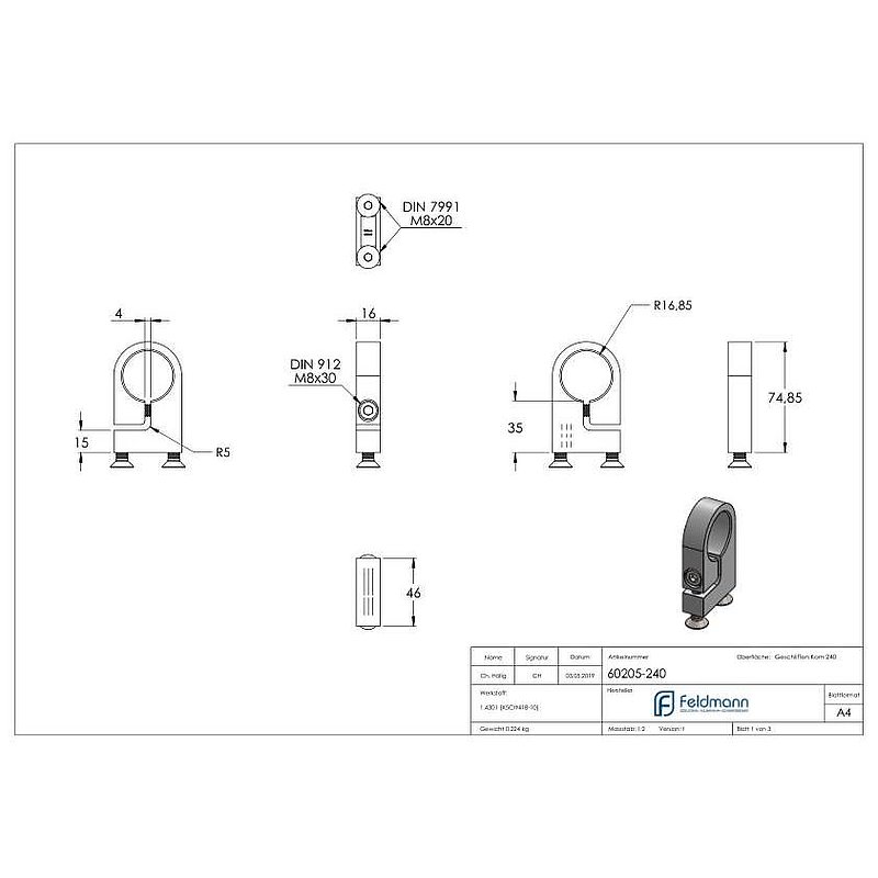 Anneau de serrage pour tube Ø 33,7mm, V2A