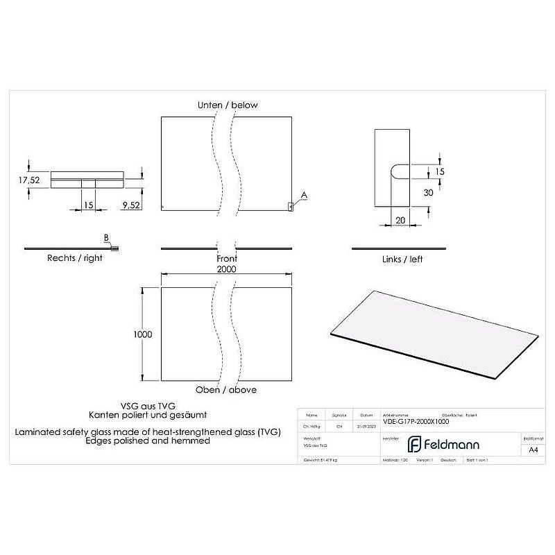 Eleganza canopy Glas: 2000x1000mm VSG aus 2x8mm TVG mit 1,52mm PVB