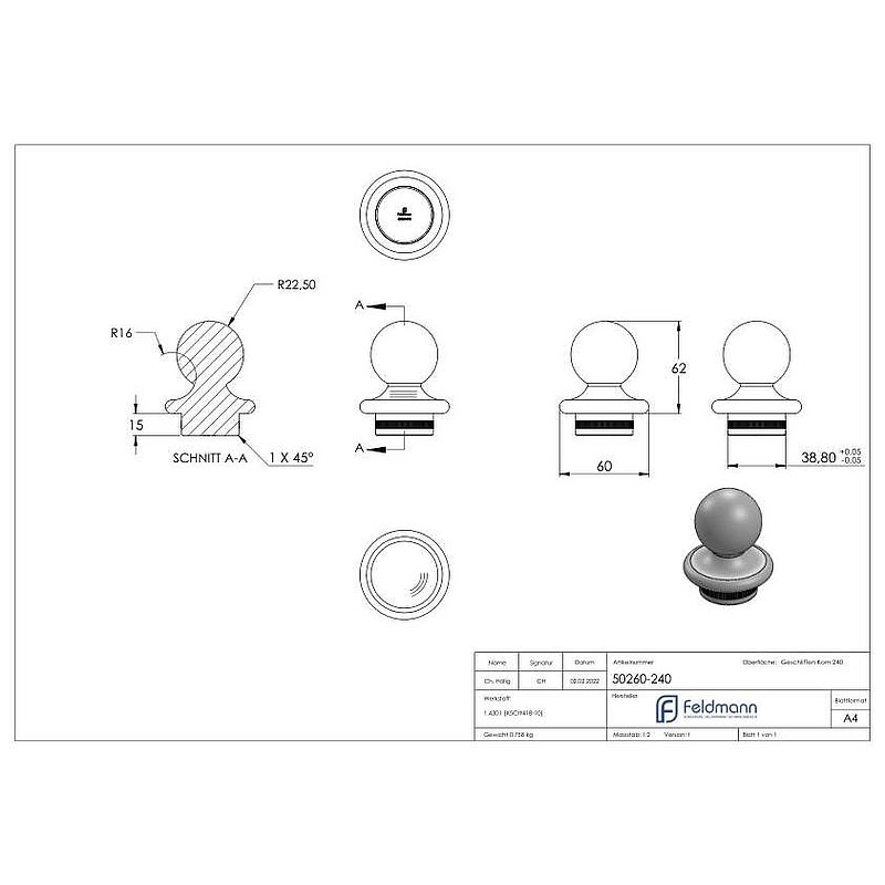 Embout sphérique, pour tube 42,4x2,0mm, V2A