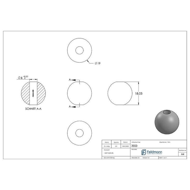 Massivkugel 19mm, mit Durchgangsbohrung 6,0mm