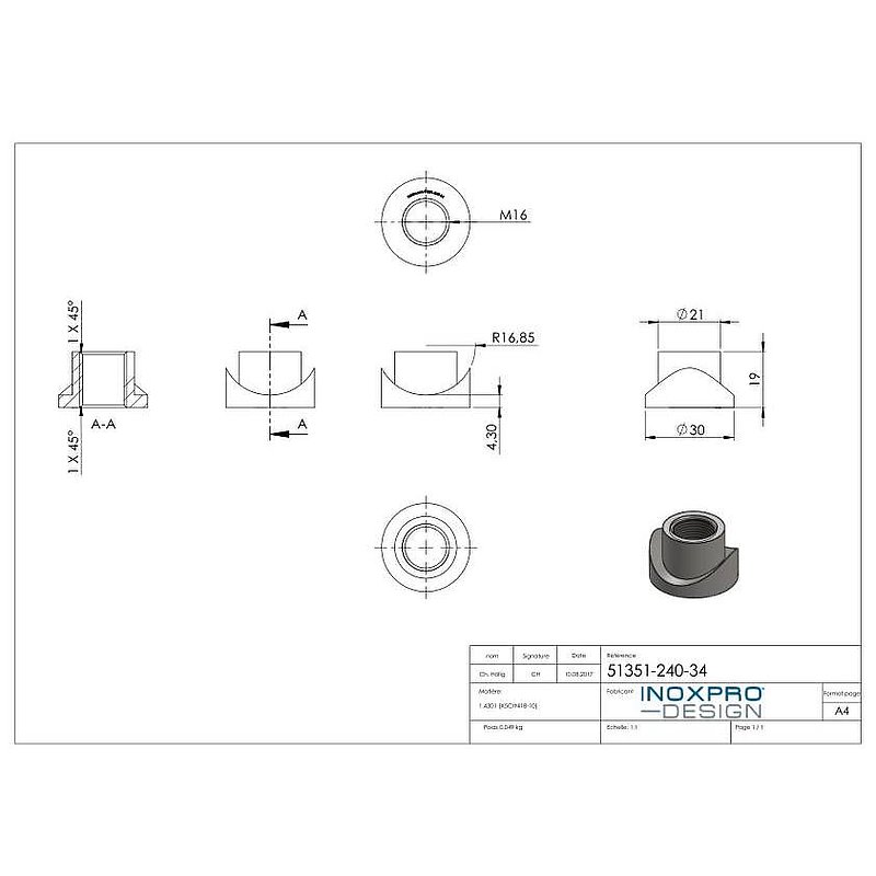 Threaded sleeve, suitable for hinge 120-M16-VA, for tube 33.7mm, AISI304