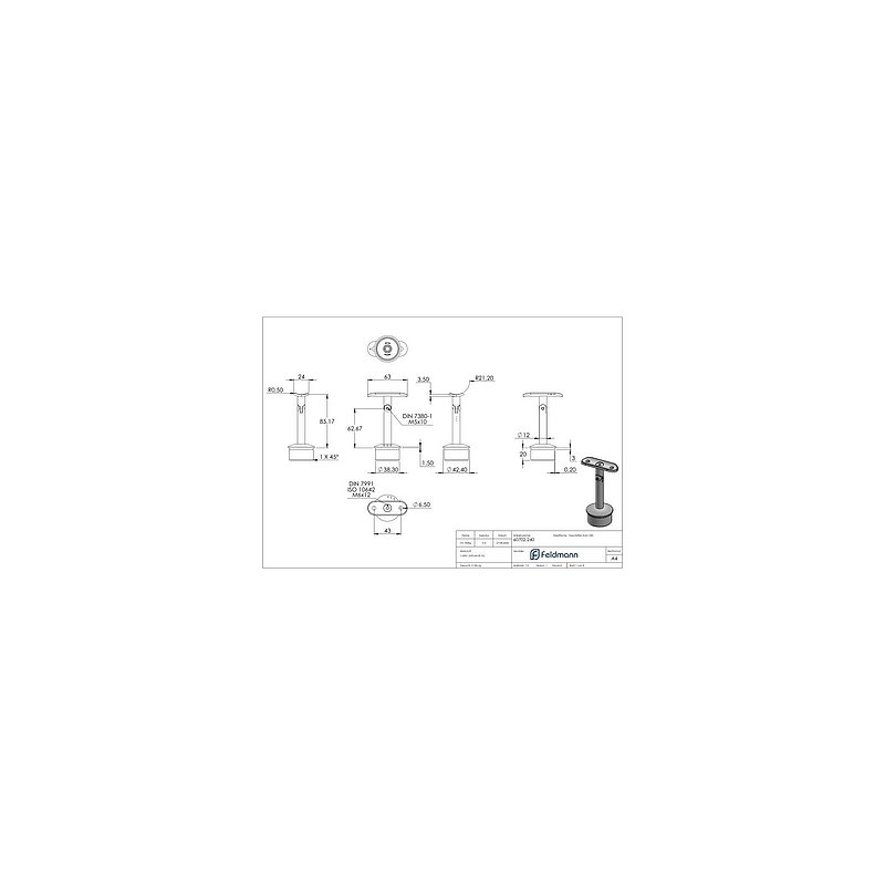 Tube end plug for tube 42.4x2.0mm, handrail connection plate: 42.4mm, AISI304