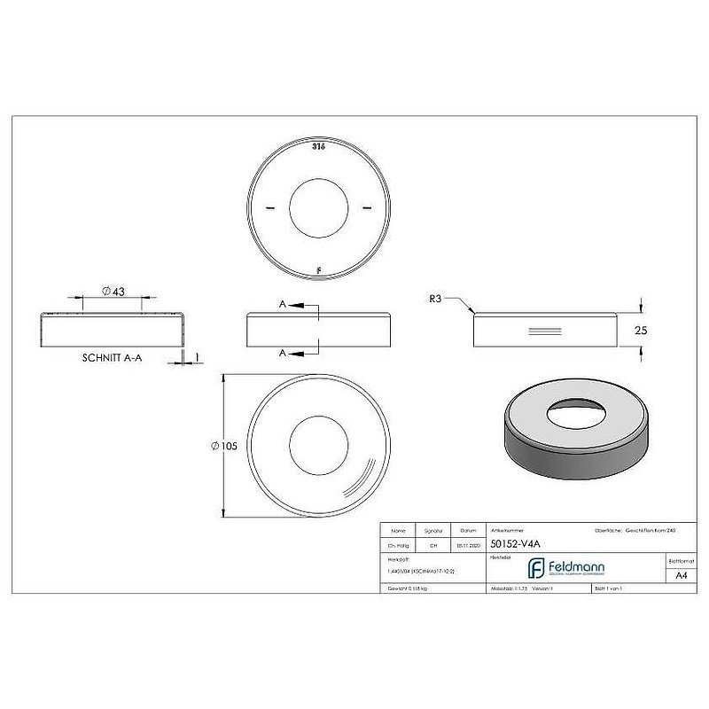 Rosace de recouvrement, 105x25mm, avec perçage Ø 43mm, V4A