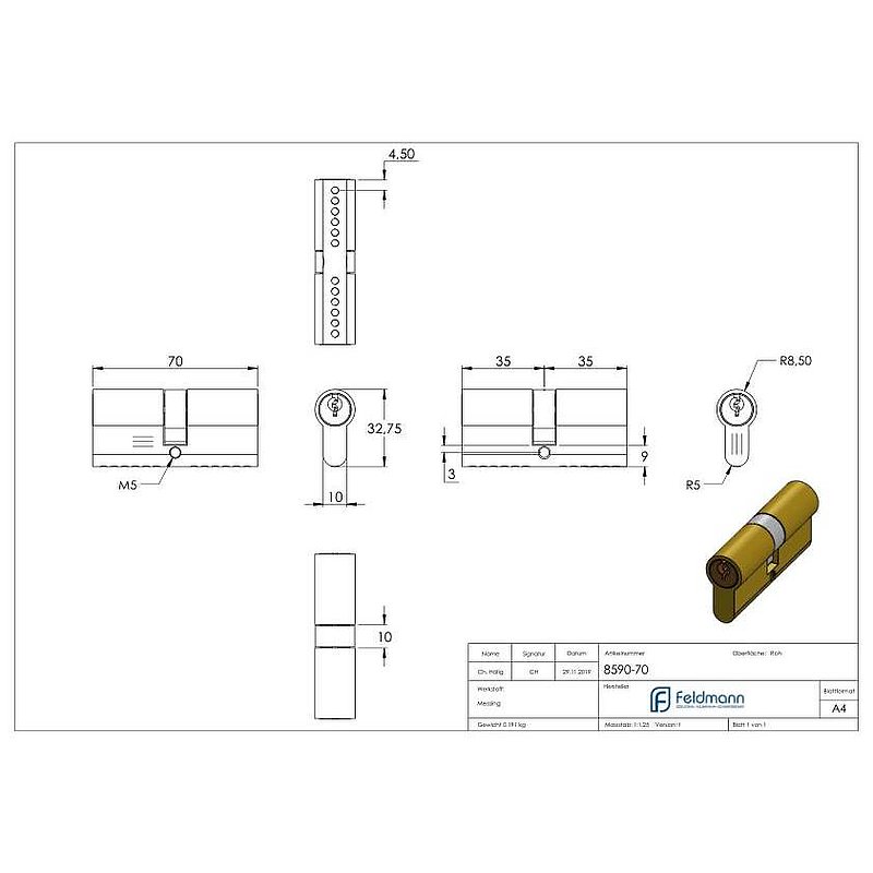 Profile cylinder, L: 70mm