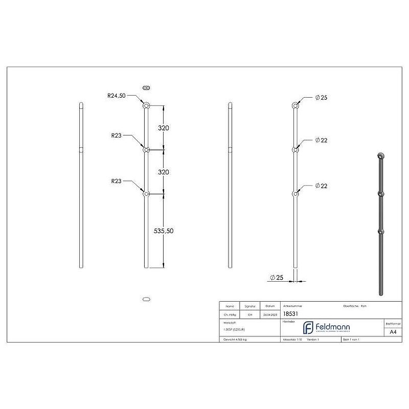 Pfosten aus 25mm rund, H: 1200mm, 3x gelocht