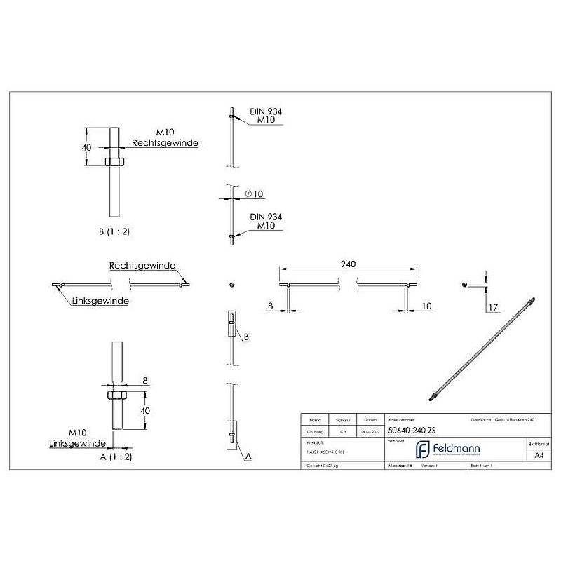 Barre de tension pour auvent en verre suspendu avec L: 940mm, V2A