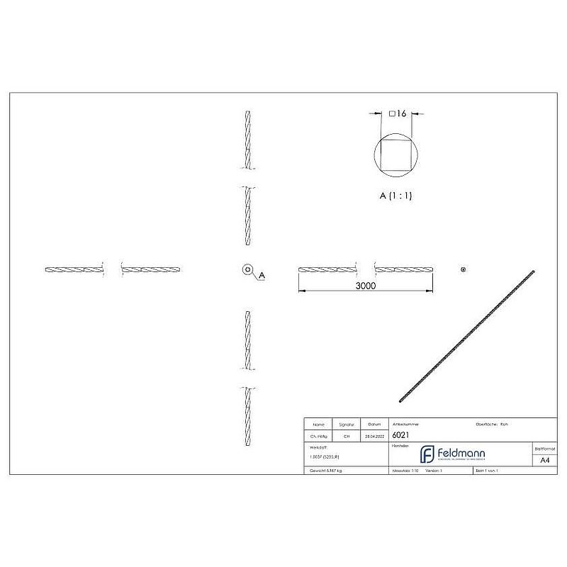 Vierkant 16x16mm, durchgehend gedreht, L: 3000mm
