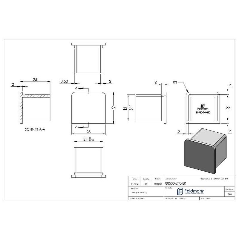 Endkappe für Edelstahl-U-Profil 80530-XXX, V2A