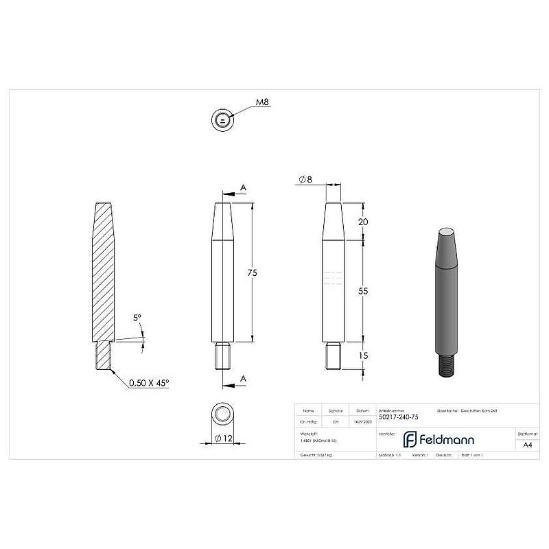 Stift Ø 12mm, L: 75mm, abgedreht, V2A