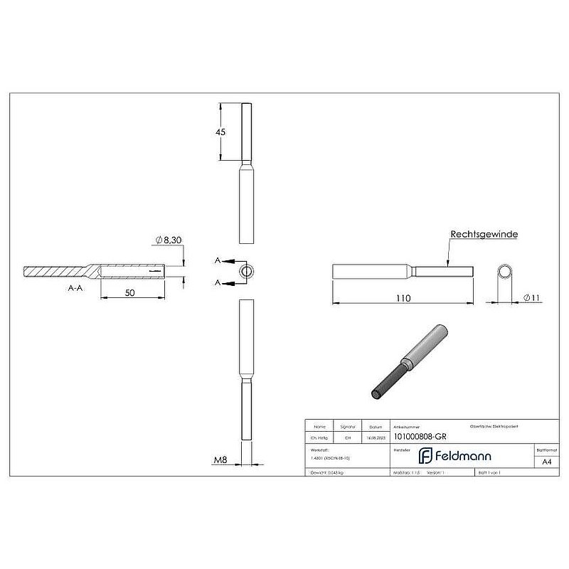 Gewindeterminal für Seil 8mm, V2A