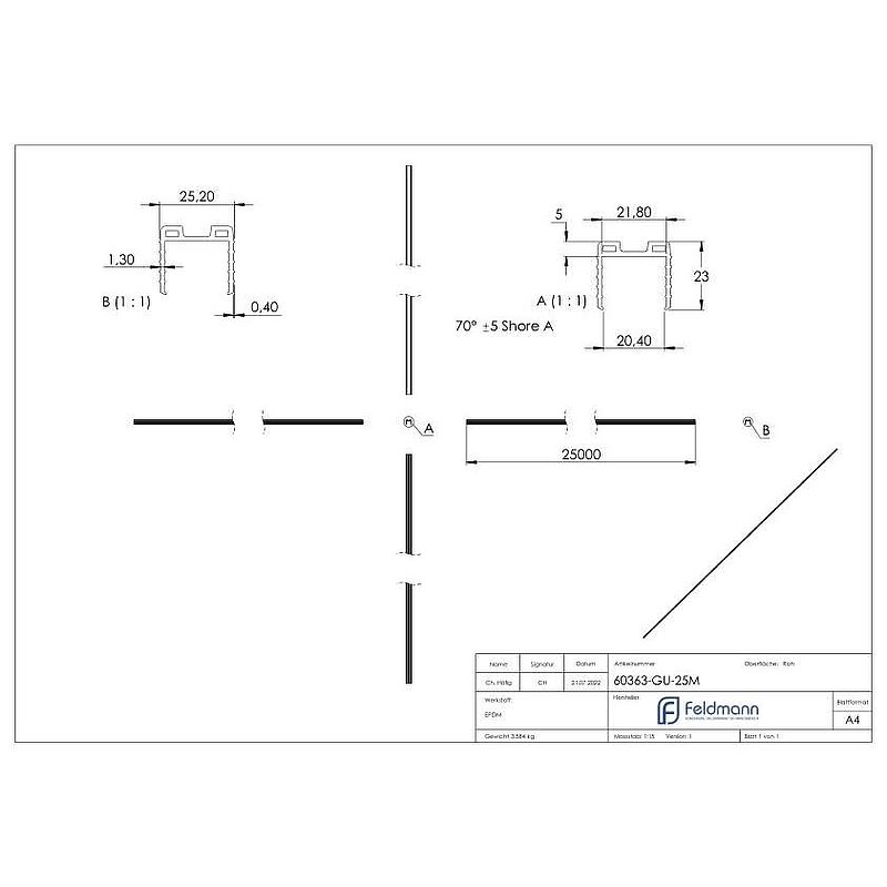 Keildichtung Glas 20,76 – 21,52mm, für Nut 24x24mm, 25m, EPDM