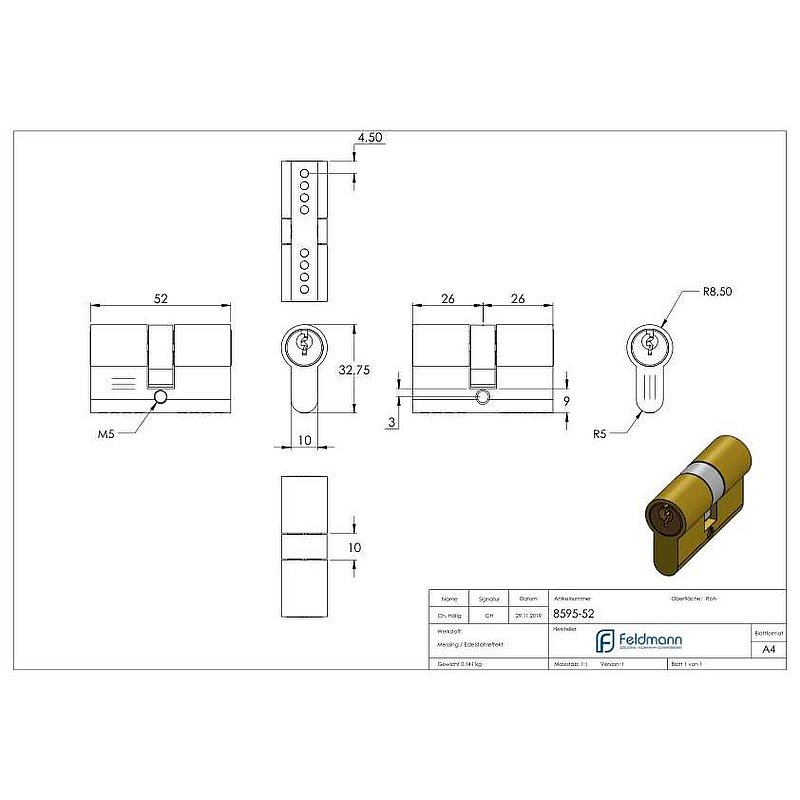 Profile cylinder, L: 52mm