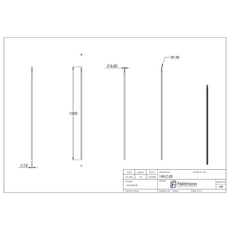 Zaunstab 12x12mm, H: 1200mm, Kugel 16mm