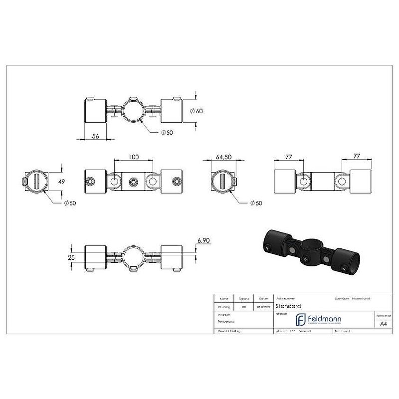 Pivot double, ajustable, 180°, pour tube Ø 48,3mm
