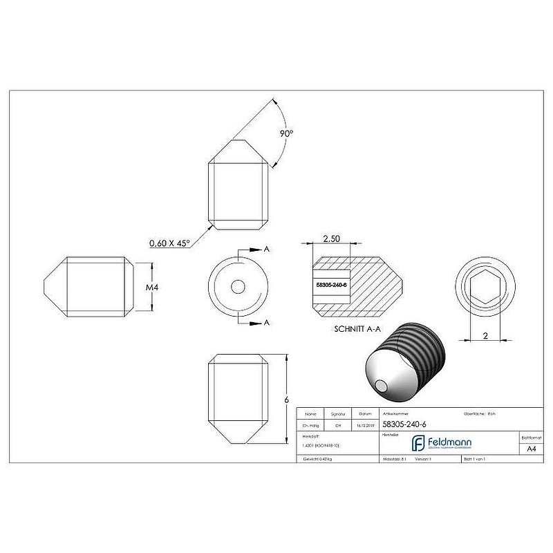 Gewindestift M4x6, V2A, DIN 914 / ISO 4027