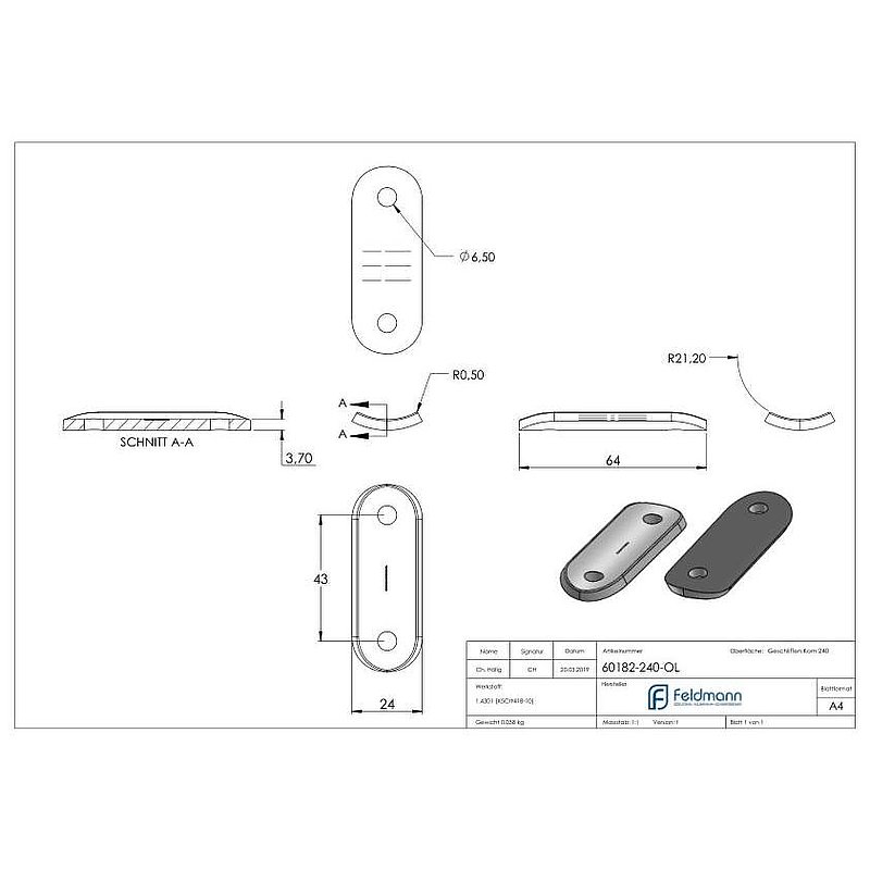 Plaque de raccordement de mains courantes, 42,4mm, V2A