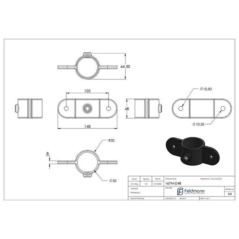 Halter mit 2 Laschen, 180°, für Rohr Ø 48,3mm