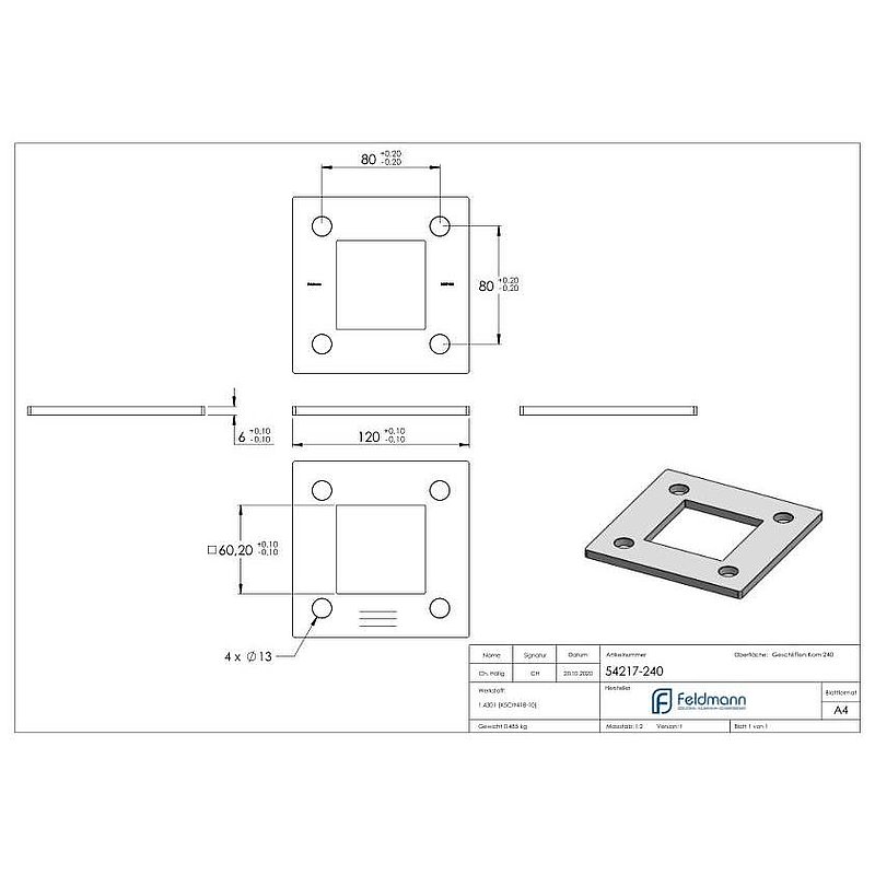Anchor plate, 120x120x6mm, with longitudinal grinding, AISI304