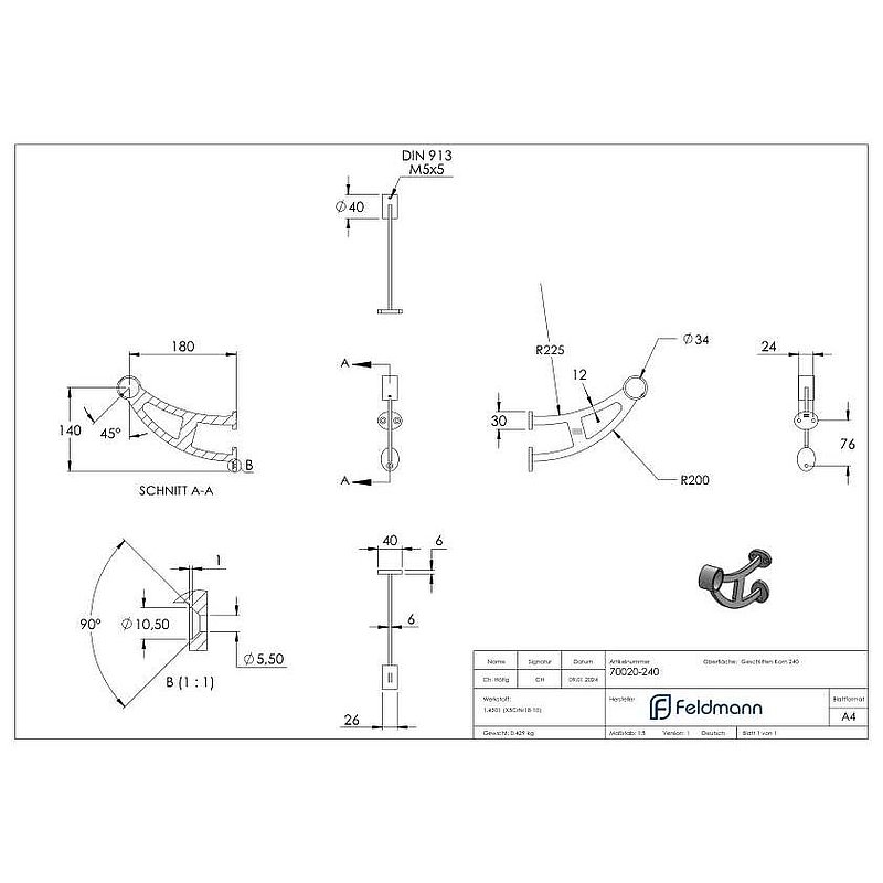 Footrail / handrail support, for tube 33.7mm, AISI304