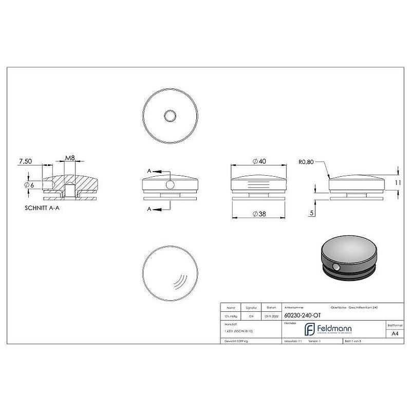 Upper part of 40mm glass point holder, AISI304
