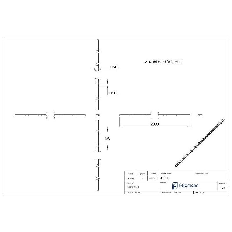 Lochleiste S235JR, 20x20mm, Lochabstand 170mm, 2000mm