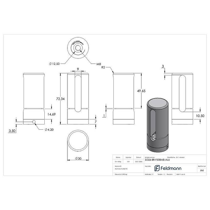 Brenk base holder for flat bars 50x8mm, ALU