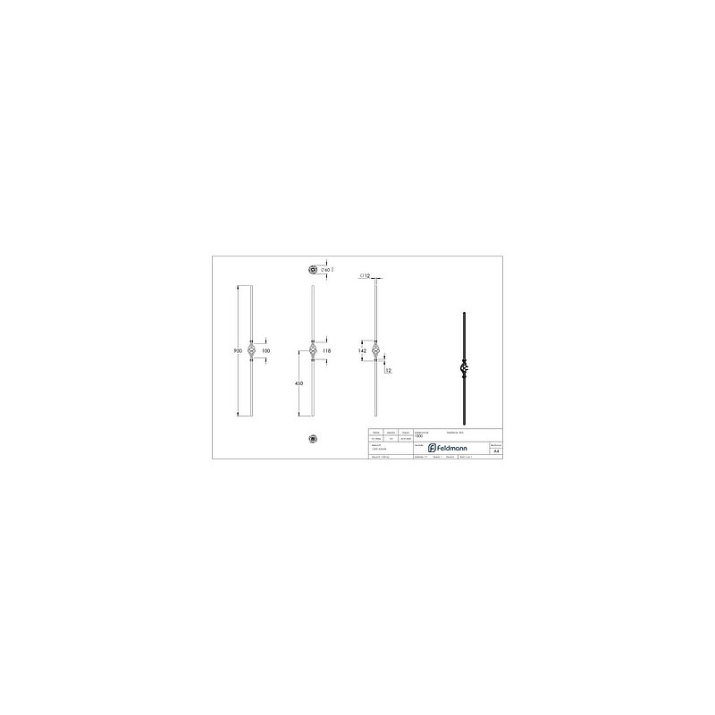 Zirbelstab 12x12mm, glatt, H: 900mm