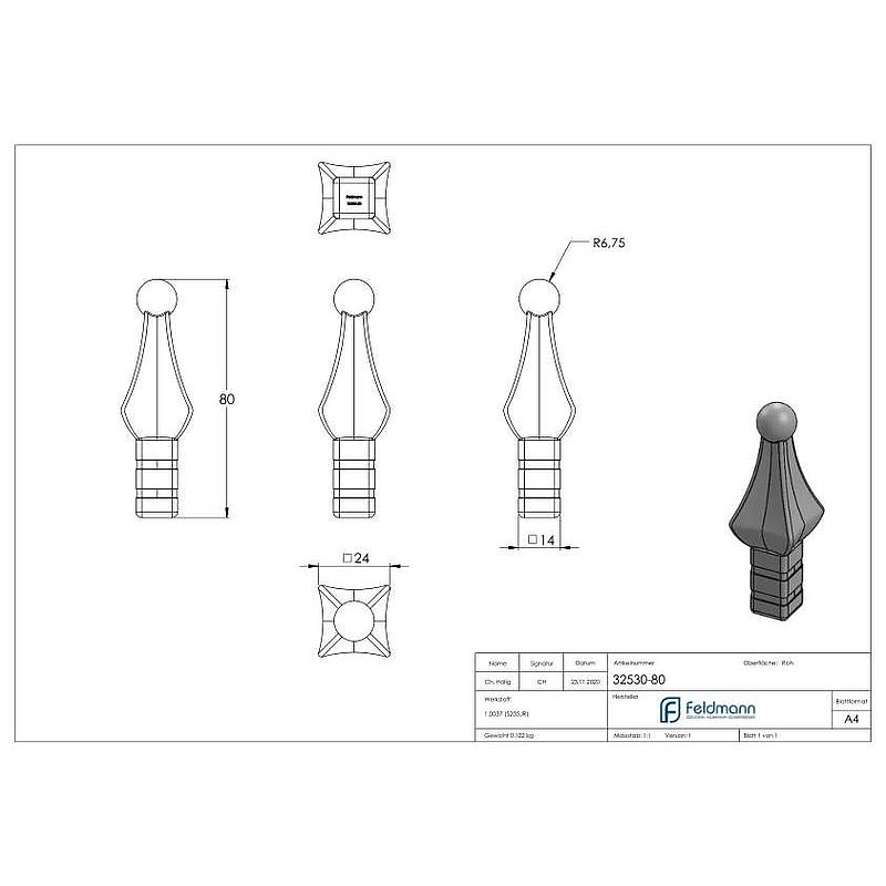 Zaunspitze, Ansatz 14x14mm, H: 80mm