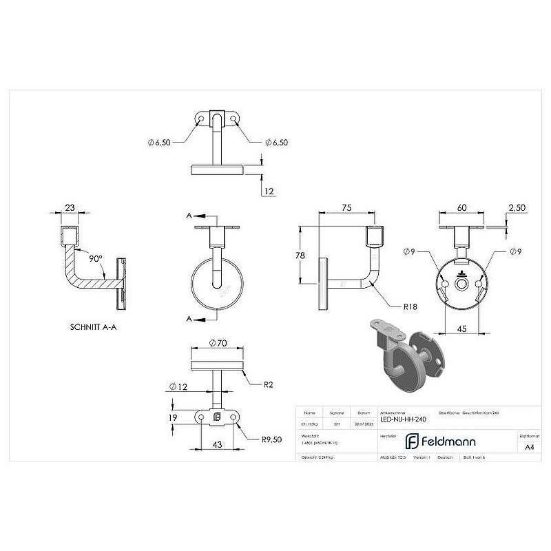Support de main courante pour main courante LED (embase et étrier soudé), V2A