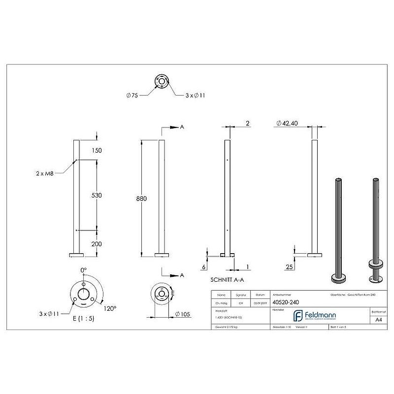 Edelstahlpfosten V2A zur Bodenmontage, H: 880mm
