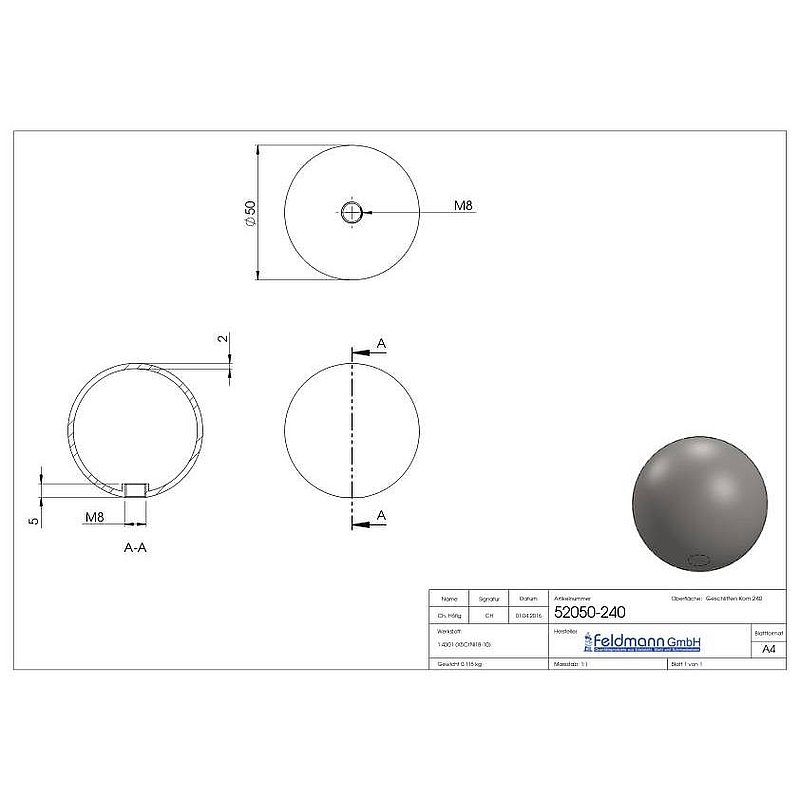 Boule creuse Ø 50mm avec taraudage M8, V2A