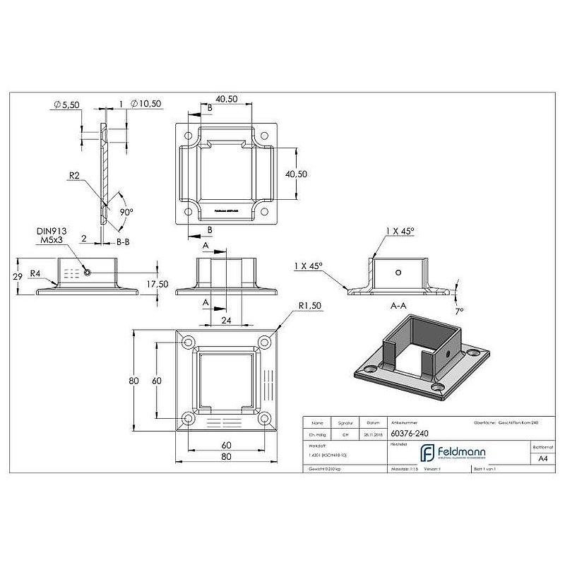 Wall mounting for 40x40mm square groove, AISI304